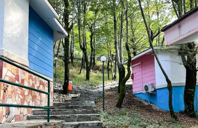 پلکانی در میان کلبه های چوبی هتل بام سبز رامسر