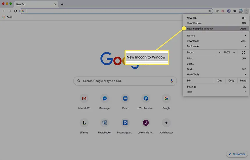 اسکرینشات از نحوه تغییر مود مرورگر به حالت ناشناس در کروم